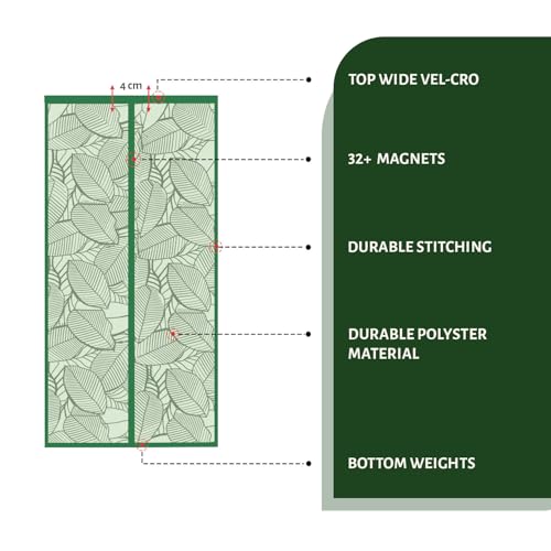 TurtleGrip polyester Door Mosquito Net curtains with Magnet's new leaf pattern. Full Frame Hook & Loop for Main Doors, Bedroom, Kitchen & Balcony Doors(210x90, ForestGreen) |Measure before order. - Image 5