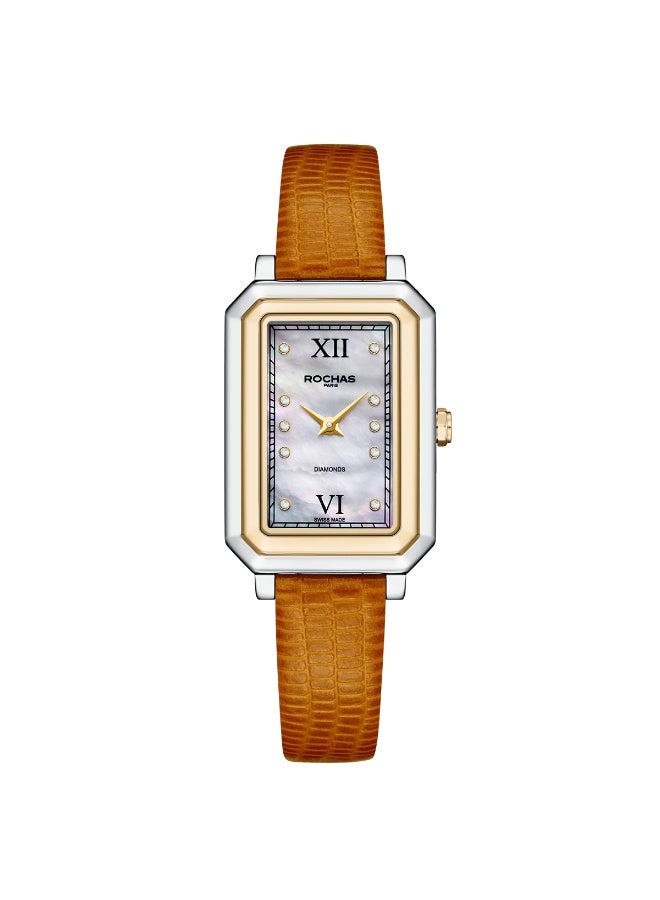 Rochas Ladies 22x32 mm Swiss Watch with White Mother-of-Pearl Dial and Brown Genuine Leather Strap + 8 pcs 1.0mm Diamonds on Dial - RWF225B