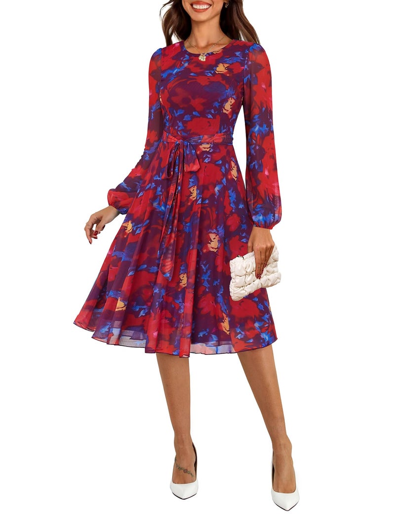 Zattcas Floral Long Sleeve Spring Fall Wedding Guest Dresses for Women 2026 Mesh Puff Sleeve Modest Midi Business Casual Outfits Church Teacher Office Work Dress Purple Blue Red L - Image 1