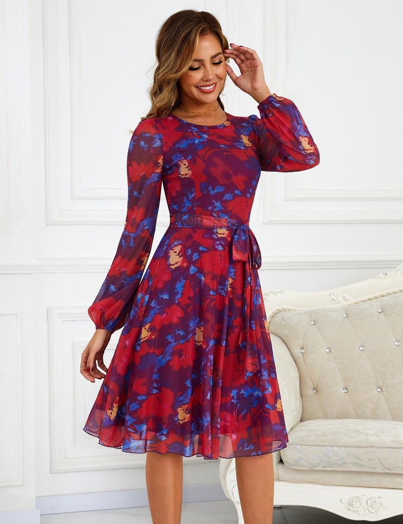 Zattcas Floral Long Sleeve Spring Fall Wedding Guest Dresses for Women 2026 Mesh Puff Sleeve Modest Midi Business Casual Outfits Church Teacher Office Work Dress Purple Blue Red L - Image 3