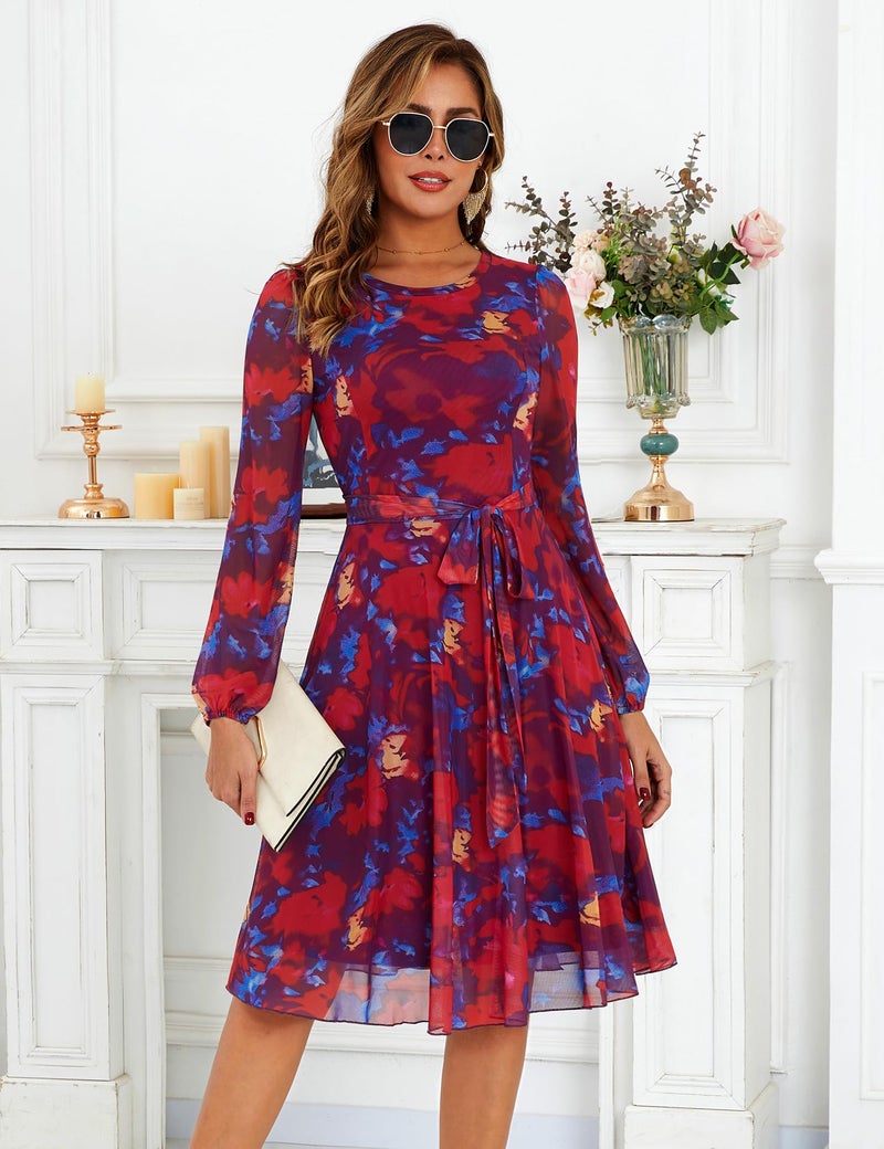 Zattcas Floral Long Sleeve Spring Fall Wedding Guest Dresses for Women 2026 Mesh Puff Sleeve Modest Midi Business Casual Outfits Church Teacher Office Work Dress Purple Blue Red L - Image 2
