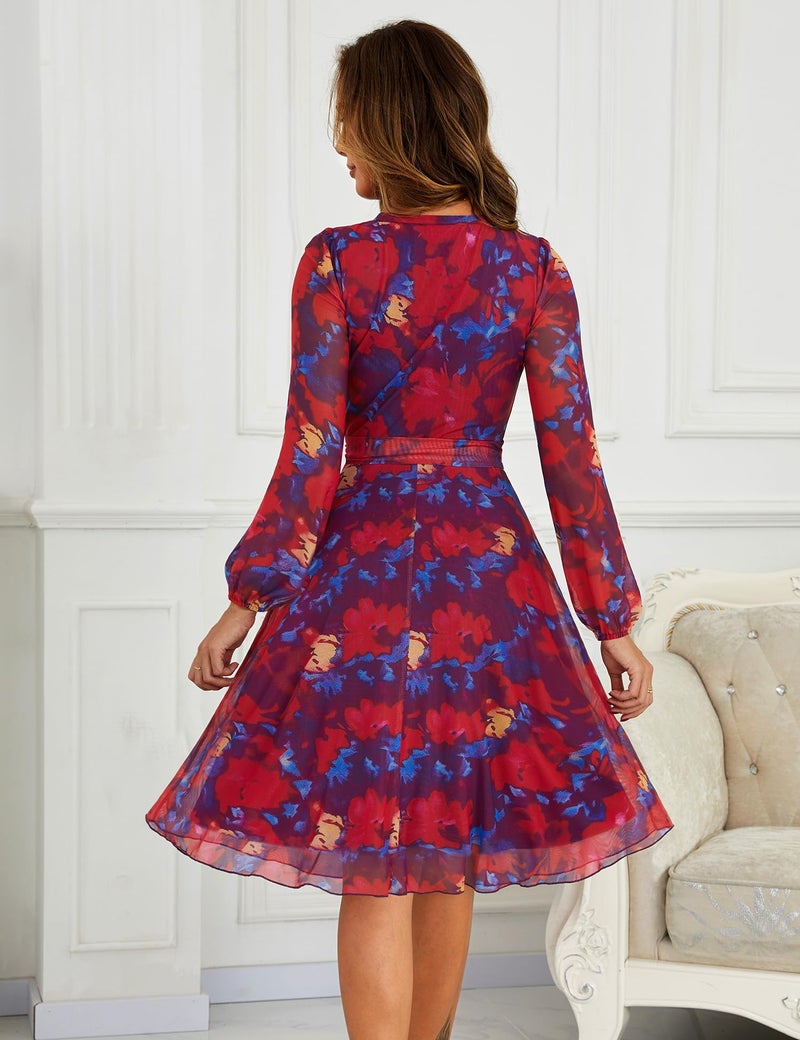 Zattcas Floral Long Sleeve Spring Fall Wedding Guest Dresses for Women 2026 Mesh Puff Sleeve Modest Midi Business Casual Outfits Church Teacher Office Work Dress Purple Blue Red L - Image 4