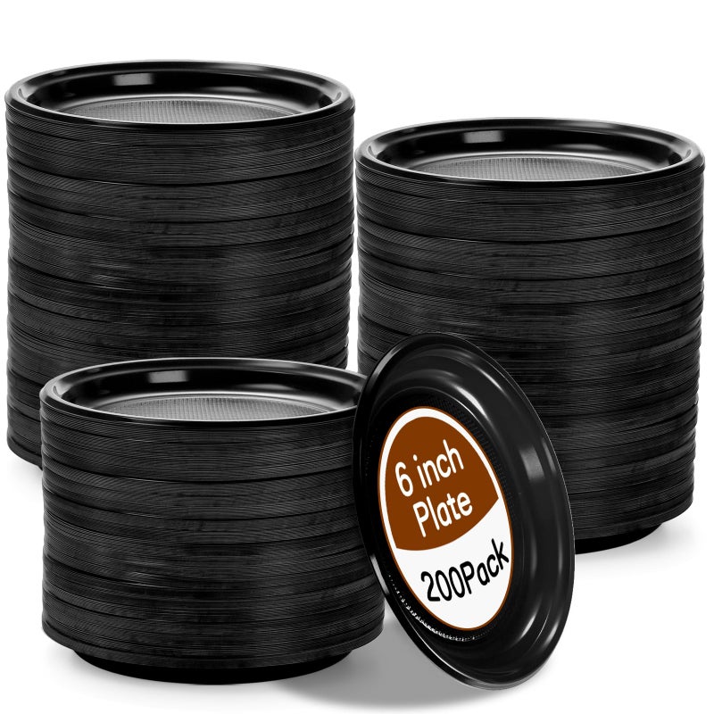 Coloch 200 Pieces 6 Inch Black Disposable Plates, Plastic Dessert Plates Bulk Round Party Plate Multi-Purpose Appetizer Plates for Cake, Dessert, Fruit, Barbecue, Party, Picnic, Wedding - Image 1