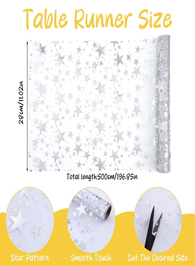 WJIAAA Silver Star Chiffon Table Runner,16 Ft Star Sheer Tulle Table Runner, Sequin Glitter Metallic Foil Desk Decorations Centerpiece, Sequin Gift Wrapping Mesh Cloth Wedding Birthday Party(Silver) - Image 2