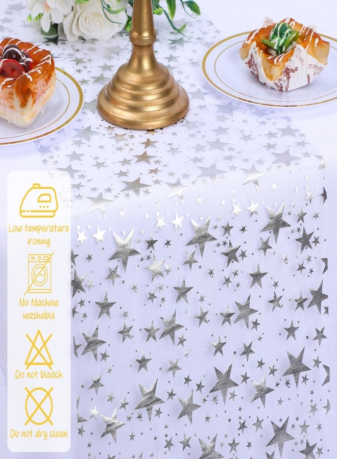 WJIAAA Silver Star Chiffon Table Runner,16 Ft Star Sheer Tulle Table Runner, Sequin Glitter Metallic Foil Desk Decorations Centerpiece, Sequin Gift Wrapping Mesh Cloth Wedding Birthday Party(Silver) - Image 3