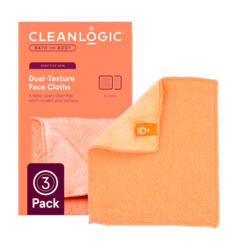 Cleanlogic Bath  Body Exfoliating DualTexture Face Cloths 3 Pack Premium Quality Facial Wash Cloths for Cleansing Sensitive Skin