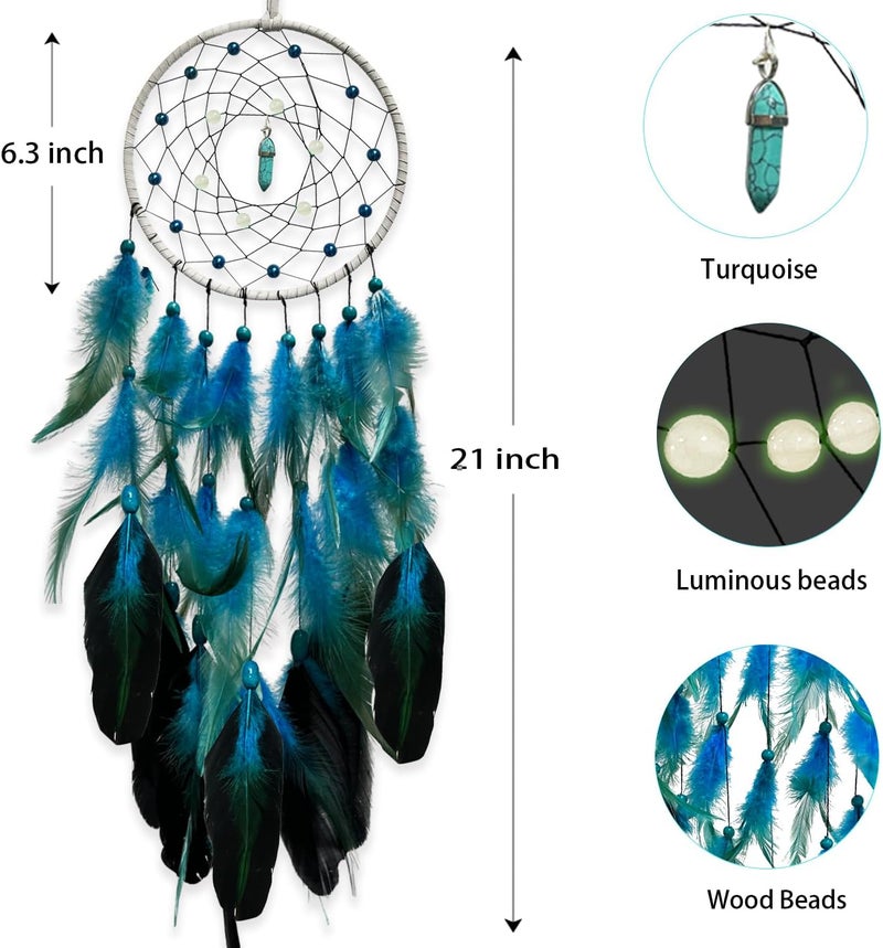 Awlee Blue Dream Catchers Luminous Dream Catcher for Boys Girls Kids Bedroom Handmade Nature Feather Decor Wall Hanging - Image 1