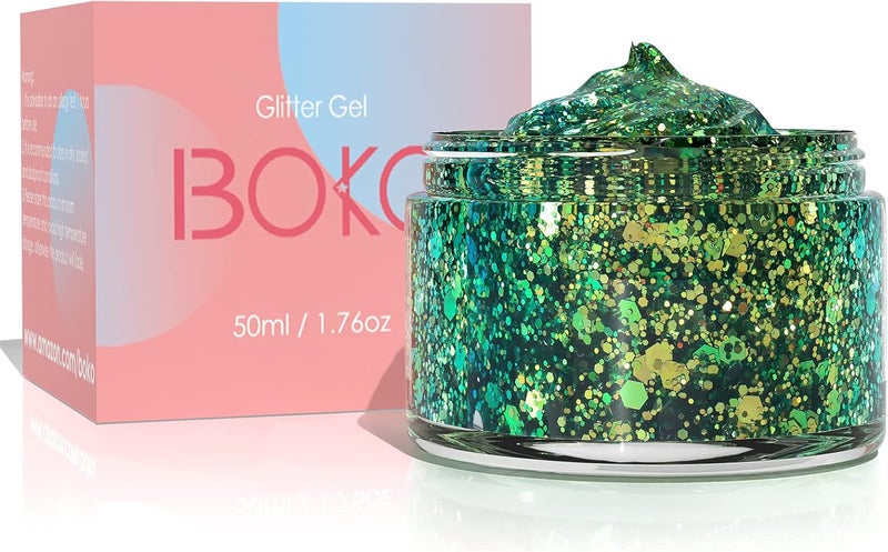 Boko 1.76oz Body Glitter Gel, Green St Patrick's Day Chameleon Emerald Liquid Chunky Glitter Lotion Mermaid Sequins for Face Hair Body Makeup, Coachella St Patrick's Day Mardi Gras Rave Accessories