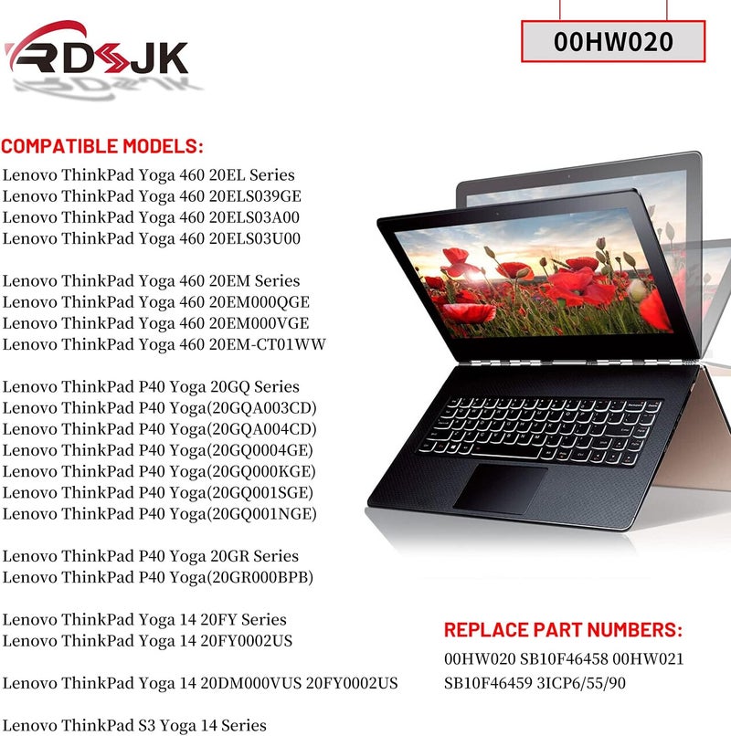 00HW020 00HW021 SB10F46458 SB10F46459 Laptop Battery for Lenovo ThinkPad Yoga 460 20EL 20EM Yoga P40 20GQ 20GR 20FY 20G 20G0 S3 Yoga 14 20DM Series 11.4V 53Wh - Image 3