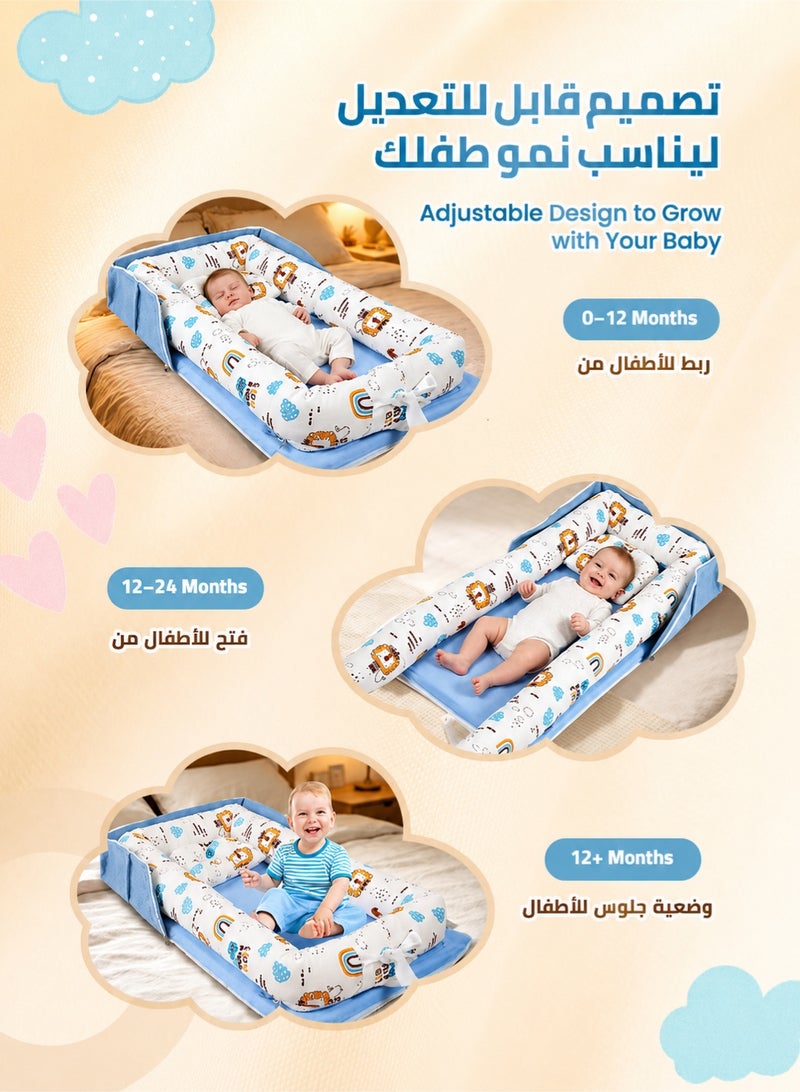 Aurlar Baby Lounger Foldable Portable Infant Lounger with Soft Breathable Removable Washable Cover, Adjustable Baby Nest Play Mat with Carry Bag and Shoulder Strap, 0-24 Months, Blue Lion Print - Image 2