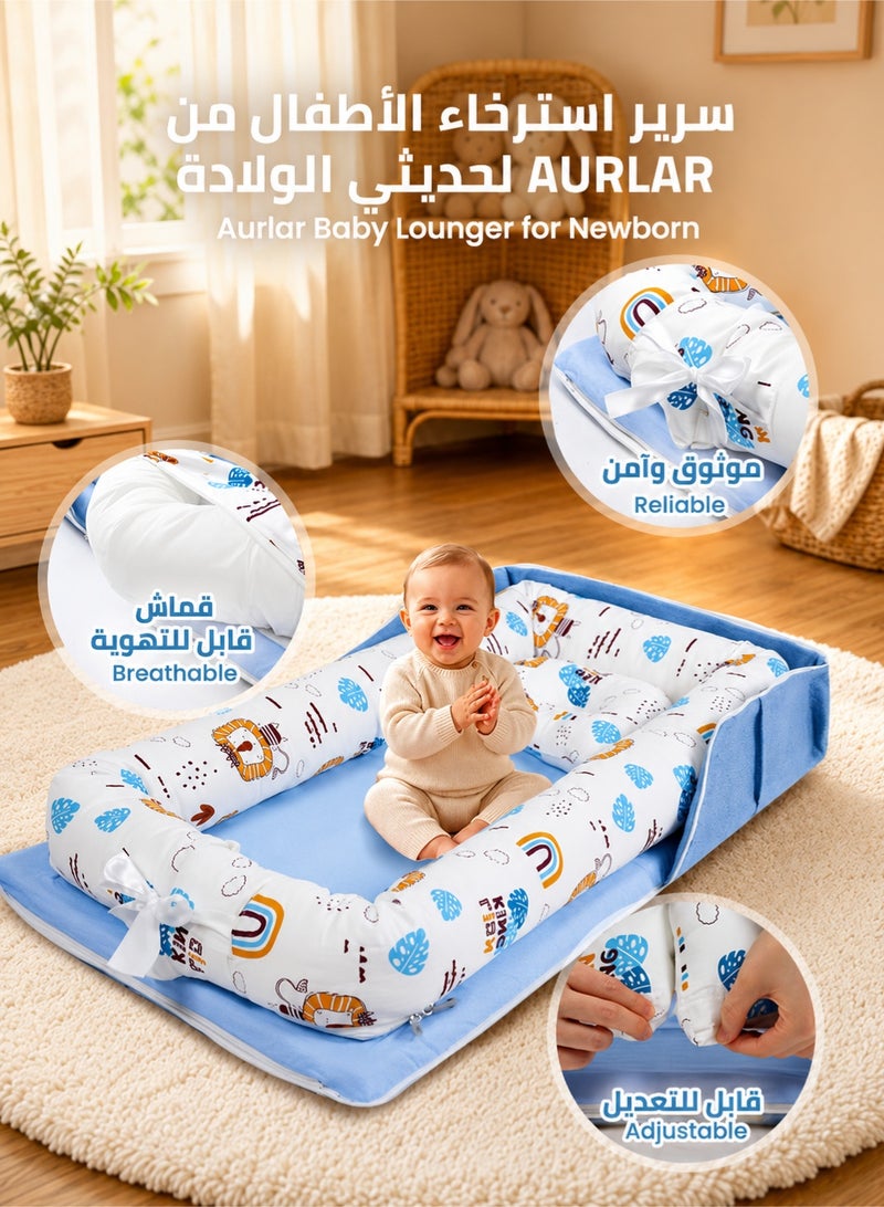 Aurlar Baby Lounger Foldable Portable Infant Lounger with Soft Breathable Removable Washable Cover, Adjustable Baby Nest Play Mat with Carry Bag and Shoulder Strap, 0-24 Months, Blue Lion Print - Image 4