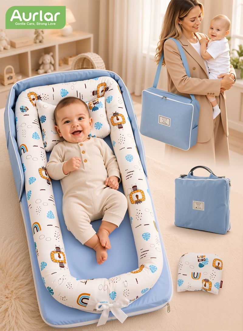 Aurlar Baby Lounger Foldable Portable Infant Lounger with Soft Breathable Removable Washable Cover, Adjustable Baby Nest Play Mat with Carry Bag and Shoulder Strap, 0-24 Months, Blue Lion Print - Image 1