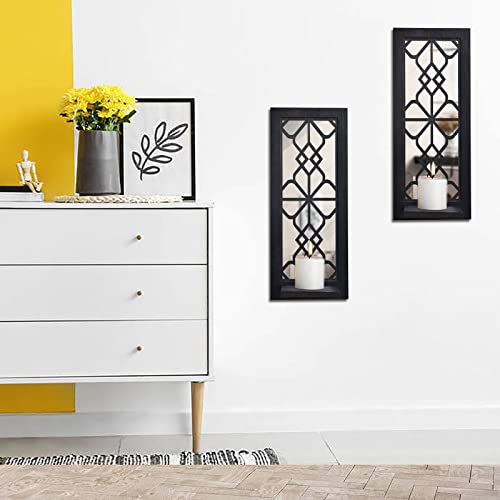 ZEXUIRU Wood Wall Sconce Candle Holder Set 2, Rustic, Wall-Mount, Farmhouse Hanging Wall Décor, Carved Wood Frame, Mirrored Candle Holder (Black) - Image 4