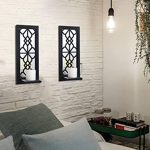 ZEXUIRU Wood Wall Sconce Candle Holder Set 2, Rustic, Wall-Mount, Farmhouse Hanging Wall Décor, Carved Wood Frame, Mirrored Candle Holder (Black) - Image 3
