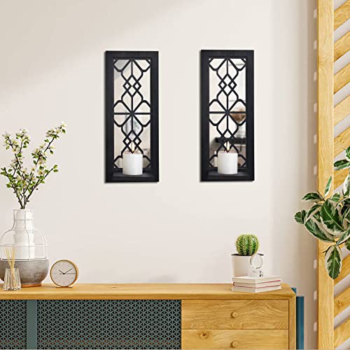 ZEXUIRU Wood Wall Sconce Candle Holder Set 2, Rustic, Wall-Mount, Farmhouse Hanging Wall Décor, Carved Wood Frame, Mirrored Candle Holder (Black) - Image 2