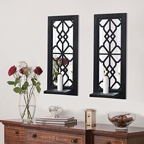 ZEXUIRU Wood Wall Sconce Candle Holder Set 2, Rustic, Wall-Mount, Farmhouse Hanging Wall Décor, Carved Wood Frame, Mirrored Candle Holder (Black) - Image 1