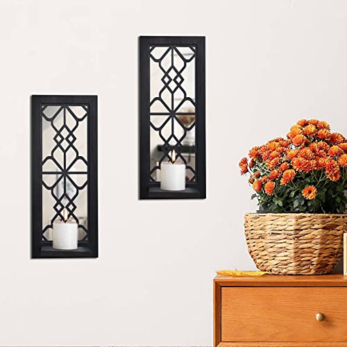 ZEXUIRU Wood Wall Sconce Candle Holder Set 2, Rustic, Wall-Mount, Farmhouse Hanging Wall Décor, Carved Wood Frame, Mirrored Candle Holder (Black) - Image 5