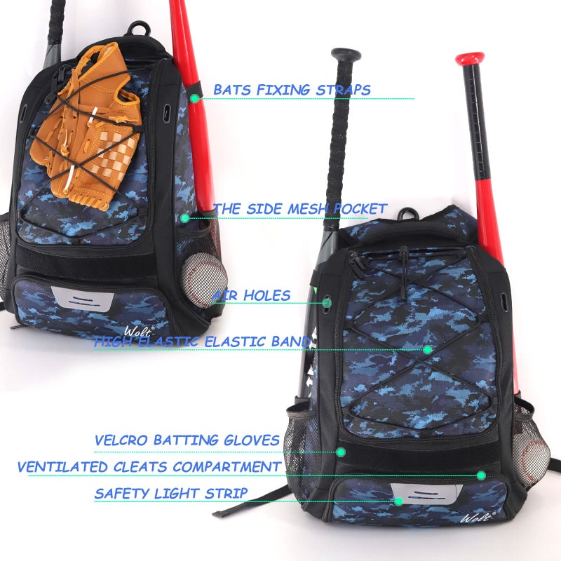 WOLT | Youth Baseball Bag - Bat Backpack for T-Ball & Softball Equipment & Gear, Bat & Glove Holder, Large Main Compartment for Helmet & Accessories, Separate Shoes Compartment, Fence Hook (CamoBlue) - Image 3