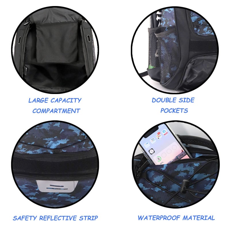 WOLT | Youth Baseball Bag - Bat Backpack for T-Ball & Softball Equipment & Gear, Bat & Glove Holder, Large Main Compartment for Helmet & Accessories, Separate Shoes Compartment, Fence Hook (CamoBlue) - Image 5