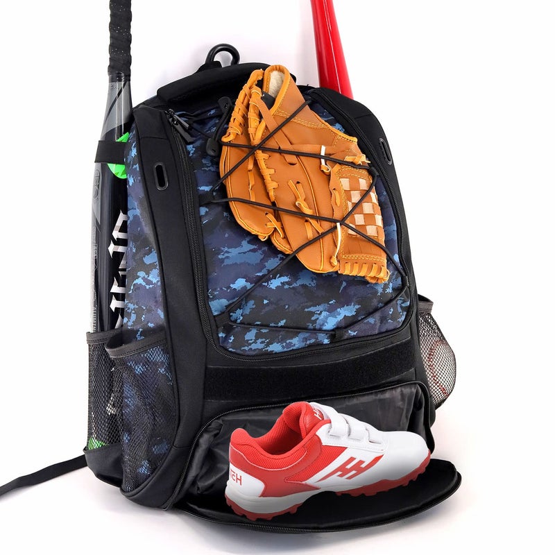 WOLT | Youth Baseball Bag - Bat Backpack for T-Ball & Softball Equipment & Gear, Bat & Glove Holder, Large Main Compartment for Helmet & Accessories, Separate Shoes Compartment, Fence Hook (CamoBlue) - Image 1