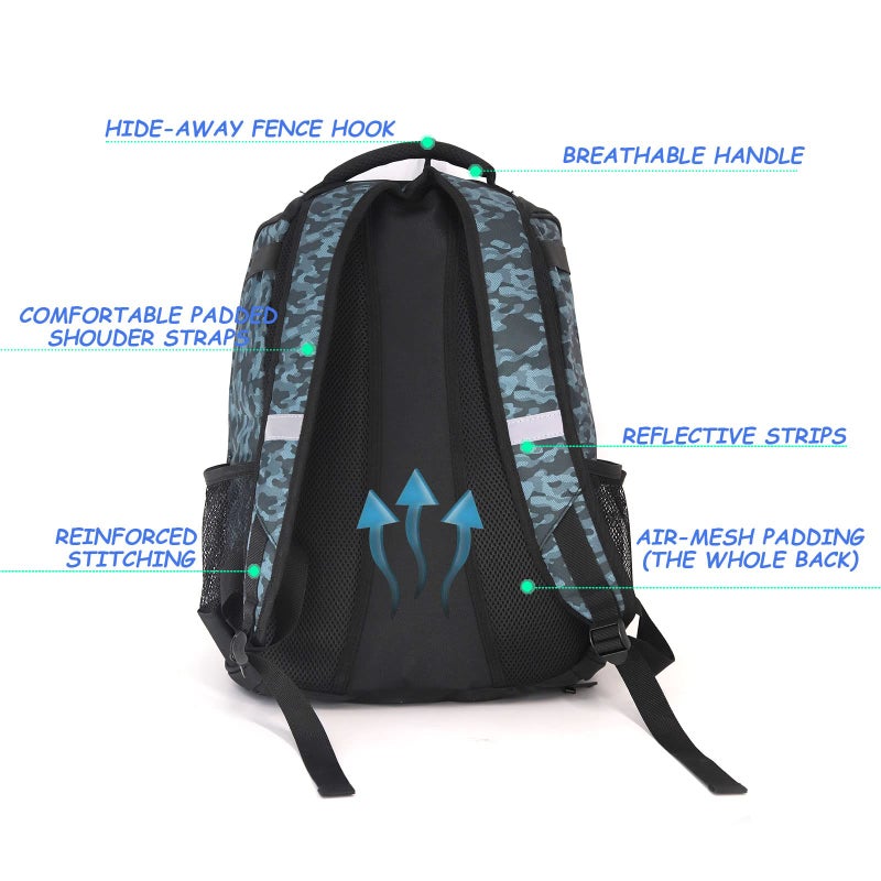 WOLT | Youth Baseball Bag - Bat Backpack for T-Ball & Softball Equipment & Gear, Bat & Glove Holder, Large Main Compartment for Helmet & Accessories, Separate Shoes Compartment, Fence Hook (CamoBlue) - Image 4