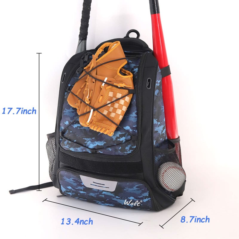 WOLT | Youth Baseball Bag - Bat Backpack for T-Ball & Softball Equipment & Gear, Bat & Glove Holder, Large Main Compartment for Helmet & Accessories, Separate Shoes Compartment, Fence Hook (CamoBlue) - Image 2