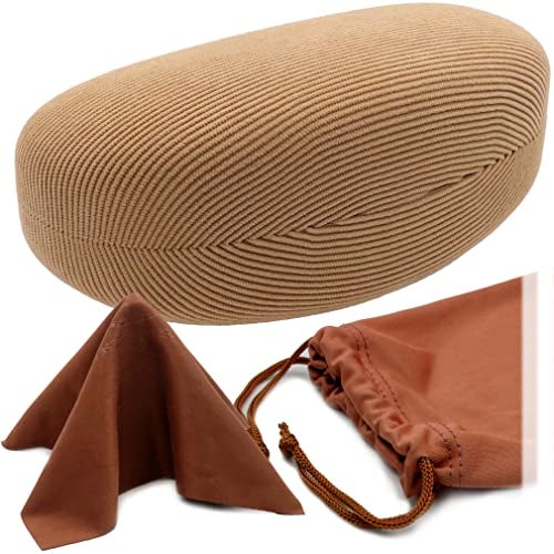 MyEyeglassCase Hard Sunglasses Case, Large Glasses Case | Eyeglass Case for Large Frames with Drawstring Pouch and Cleaning cloth (AS413 Corduroy Beige) - Image 1