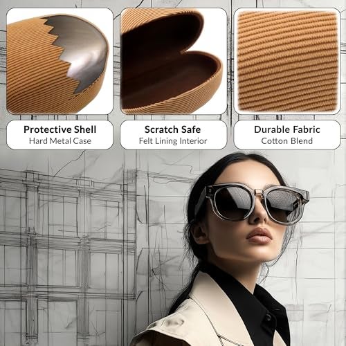 MyEyeglassCase Hard Sunglasses Case, Large Glasses Case | Eyeglass Case for Large Frames with Drawstring Pouch and Cleaning cloth (AS413 Corduroy Beige) - Image 3