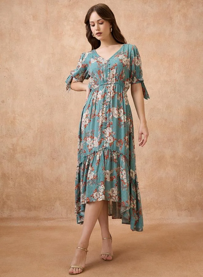 جلو باص فستان ميدي بطبعة زهور