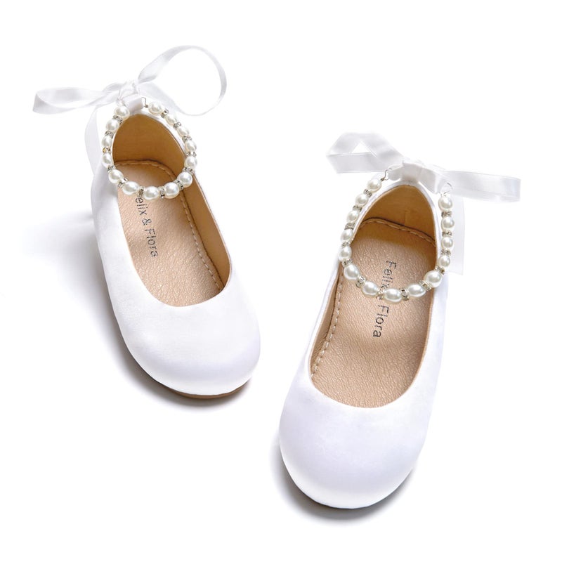 Felix & Flora Girls Toddler Little Ballet Shoes Size 12 - Flower Girls Mary Jane Flats Dress Shoes Party Wedding(White,12 Little Kid) - Image 1