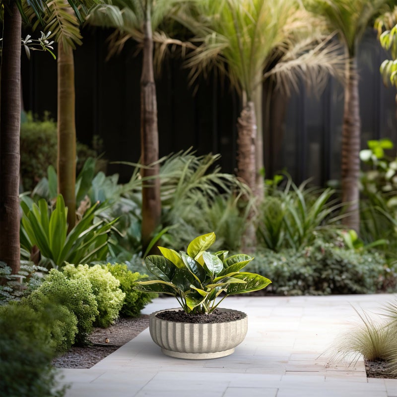Kante Round Fluted Bowl Planter, 14.6 Inch Dia Large Concrete Flower Pots with Drainage Hole, Suitable for Indoor Outdoor Plants, Weathered Concrete Finish with Painted Interior - Image 3