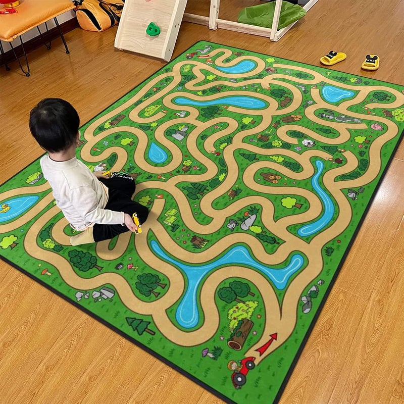 Engree Kids Rug, Cartoon Maze Playmat Rugs - 5x7 Ft Kids Carpet with Rubber Backing, Forest Trees Animal Plant Theme Play Mat Nursery Rugs for Children Bedroom Playroom - Image 1