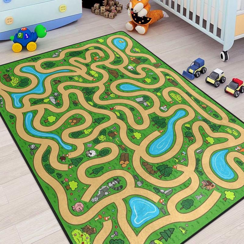 Engree Kids Rug, Cartoon Maze Playmat Rugs - 5x7 Ft Kids Carpet with Rubber Backing, Forest Trees Animal Plant Theme Play Mat Nursery Rugs for Children Bedroom Playroom - Image 5