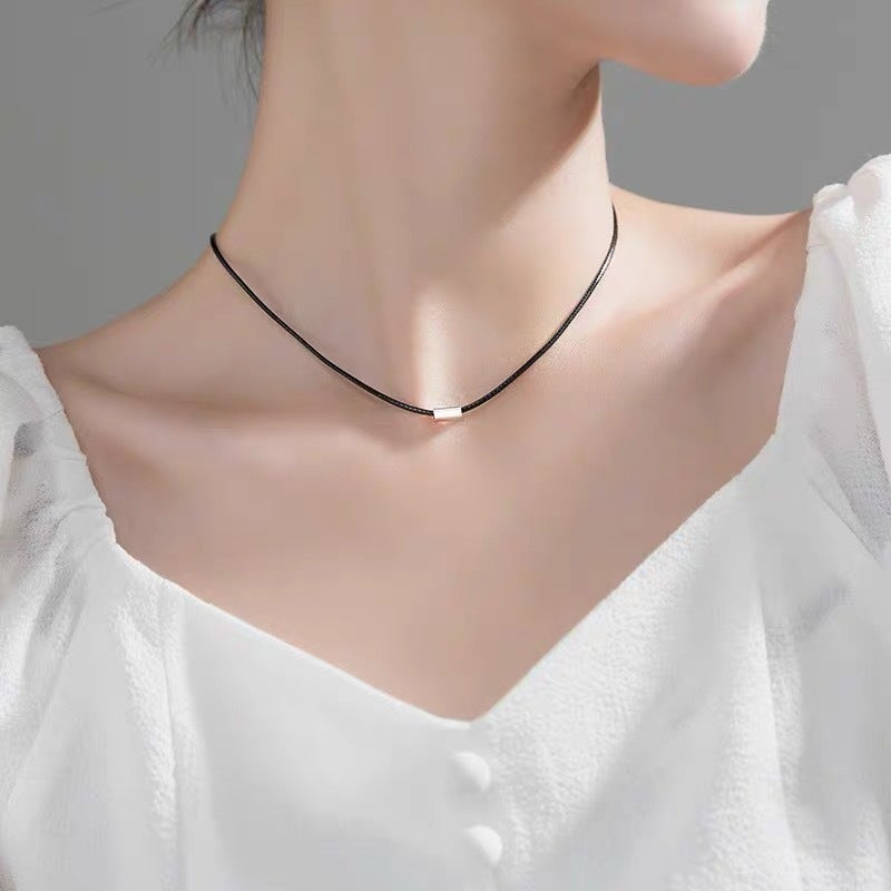 Minimalist Black Square Pendant Choker Necklace Small Block-Leather Cord Neckchain (Titanium Steel) 