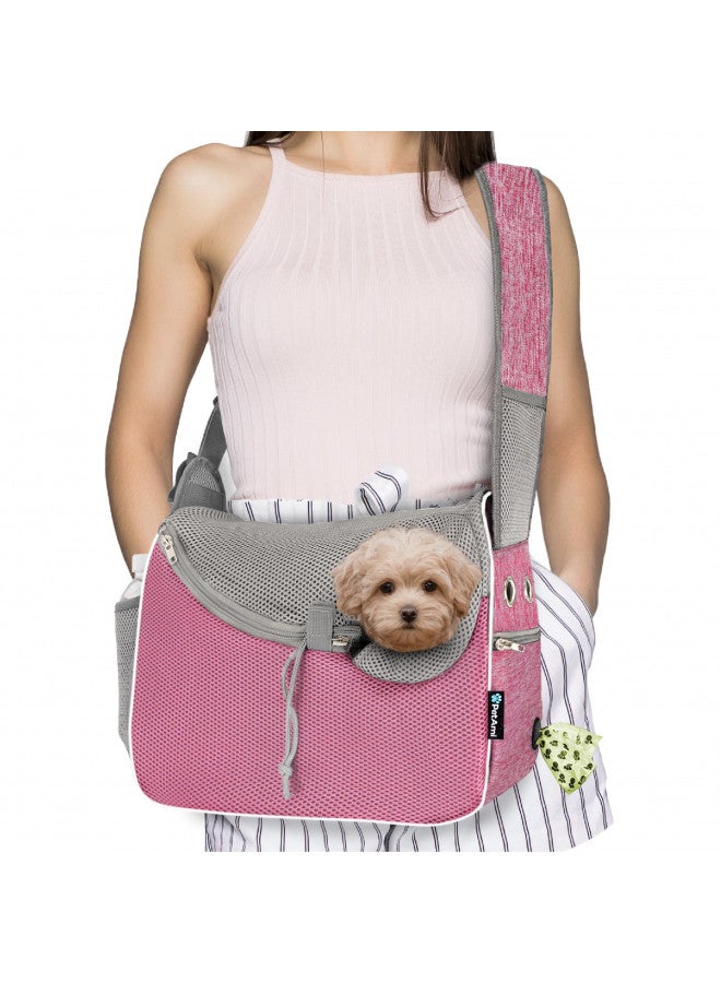 PetAmi Small Dog Sling Carrier, Soft-Sided Crossbody Puppy Carrying Purse Bag, Adjustable Sling Pet Pouch to Wear Medium Dog Cat Travel, Dog Bag for Traveling, Breathable, Bag Dispenser, Pink  - Image 1
