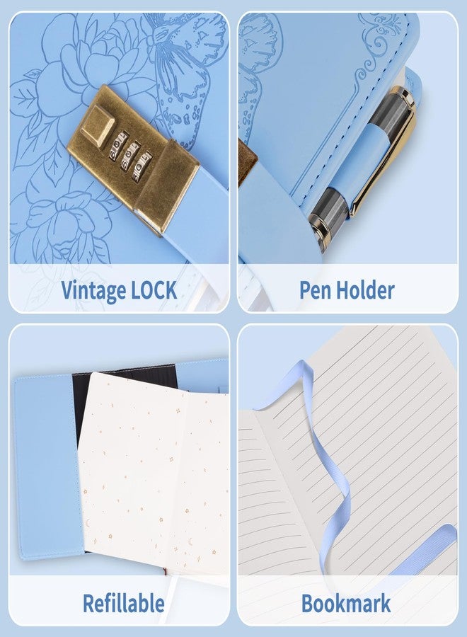 Billtigif Diary with Lock, Vintage Lock Journal for Women and Girls, Hardcover Leather Journal for Gift, Refillable Lined Journal Notebook,5.2"x 7.3", （Light Blue） - Image 4