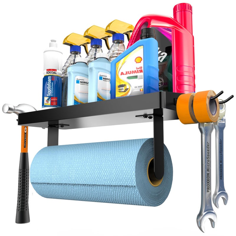 ZUNTO Garage Paper Towel Holder with Shelf, Black Stainless Steel Paper Towel Rack with Hooks, Wall Mount Paper Towel Holder for Kitchen, Garage Organization and Storage - Image 2