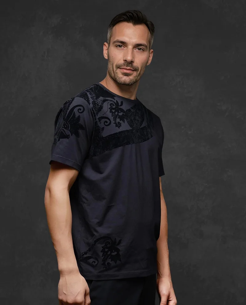 Rare Rabbit Rare Rabbit Men Zuron Black Cotton Fabric Short Sleeves Crew Neck Paisley Flock Print T-Shirt