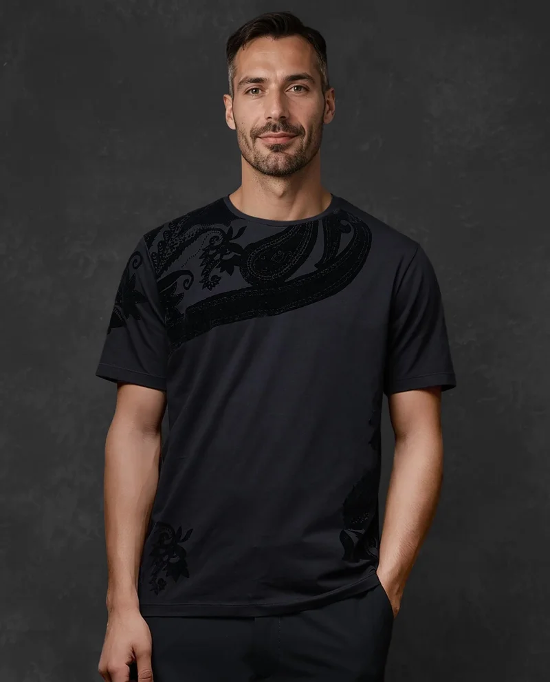 Rare Rabbit Rare Rabbit Men Zuron Black Cotton Fabric Short Sleeves Crew Neck Paisley Flock Print T-Shirt