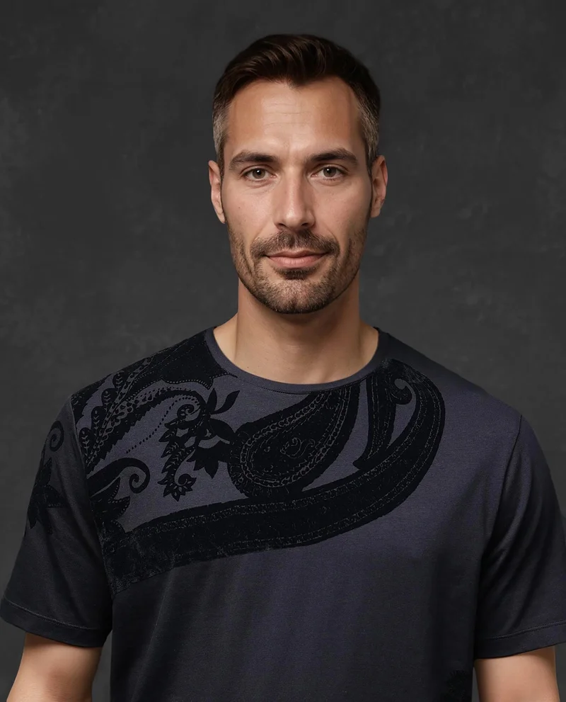 Rare Rabbit Rare Rabbit Men Zuron Black Cotton Fabric Short Sleeves Crew Neck Paisley Flock Print T-Shirt