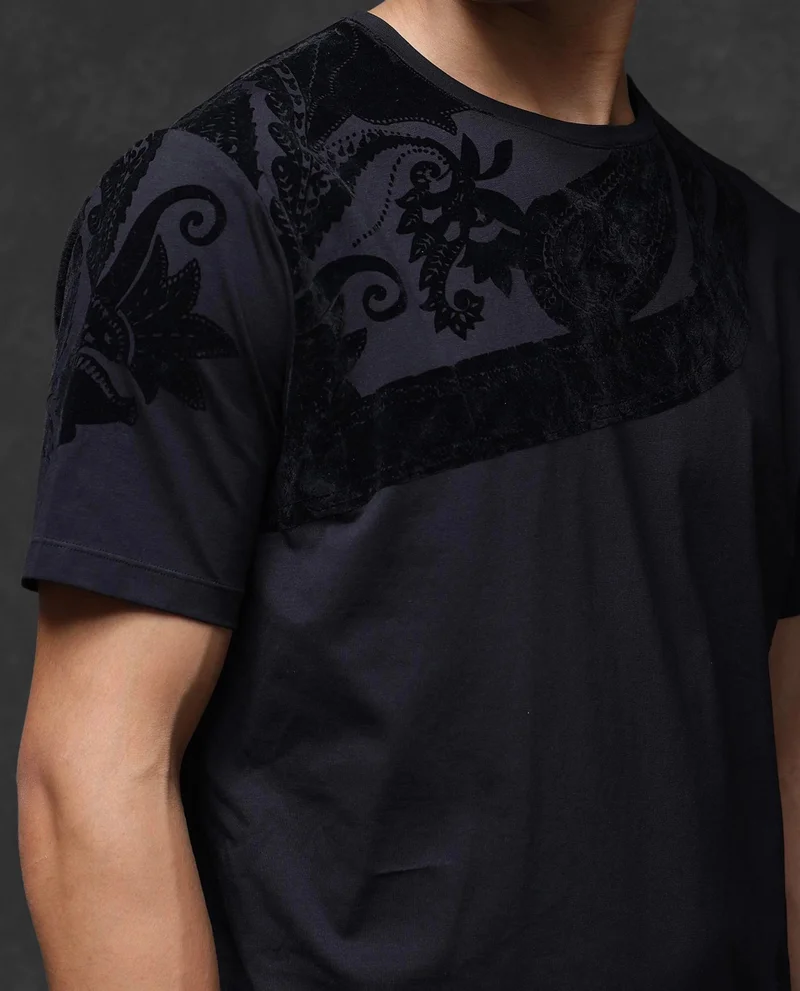 Rare Rabbit Rare Rabbit Men Zuron Black Cotton Fabric Short Sleeves Crew Neck Paisley Flock Print T-Shirt