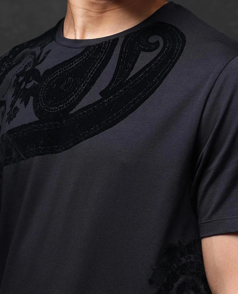 Rare Rabbit Rare Rabbit Men Zuron Black Cotton Fabric Short Sleeves Crew Neck Paisley Flock Print T-Shirt