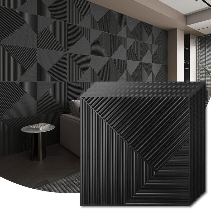 WOWSTAR 12-Pack 3D Wall Panels 19.7" x 19.7", Black Slat Wall Panels for Living Room Wall Decor, Modern Black Wall Covering for Home & Office - Image 1