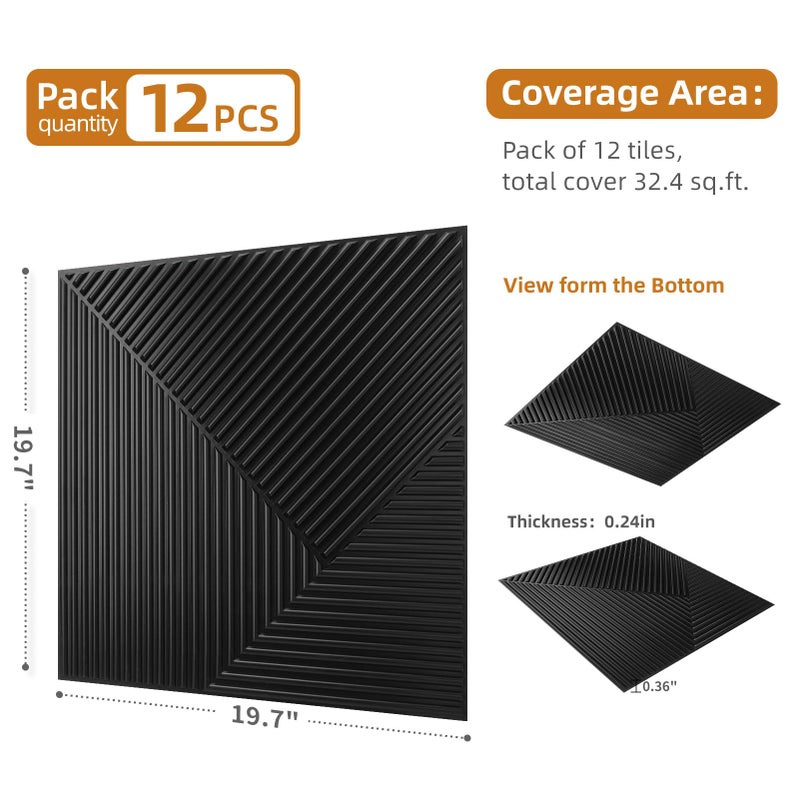 WOWSTAR 12-Pack 3D Wall Panels 19.7" x 19.7", Black Slat Wall Panels for Living Room Wall Decor, Modern Black Wall Covering for Home & Office - Image 5
