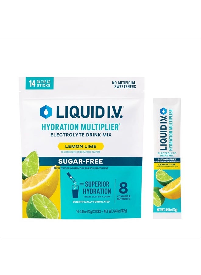 Liquid I.V. ® Hydration Multiplier® خالي من السكر - بنكهة الليمون والليمون الحامض - عبوات مسحوق الترطيب | مزيج مشروب مسحوق الإلكتروليت | أعواد مريحة لتقديم وجبة واحدة | غير معدلة وراثيًا | عبوة واحدة (14 وجبة) - Image 1