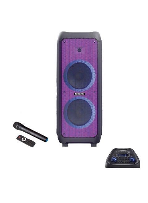 Title: Telionix Rechargeable Party Speaker, Dual 10-Inch Woofers, 80W RMS, Bluetooth & TWS, 85000W PMPO, LED Lights, USB/TF Card Slots, Karaoke Mic, AUX Input, Trolley Design