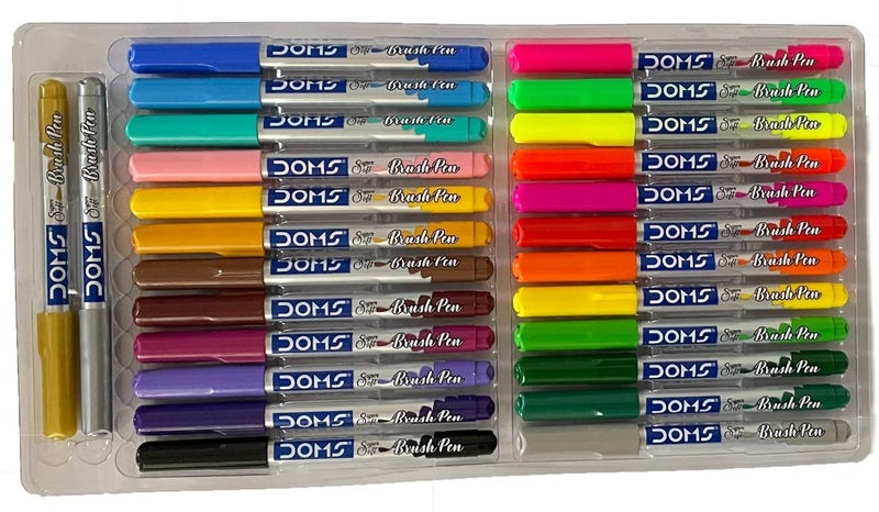 DOMS DOMS Brush Pen Box Pack | Flexible & Soft Tip That Gives Water Color Effect | Includes One Silver & Gold Shade Inside | Lightweight Brush Pens For Kids | Set Of 26 Shades  - Image 3