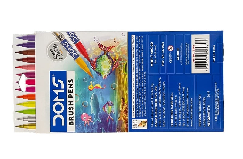 DOMS DOMS Brush Pen Box Pack | Flexible & Soft Tip That Gives Water Color Effect | Includes One Silver & Gold Shade Inside | Lightweight Brush Pens For Kids | Set Of 26 Shades  - Image 2