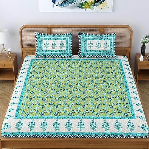 Colorish Cotton Blend Traditional Jaipuri Floral Printed Premium Bedsheet for Double Bed King Size with 2 Pillow Covers - Light Blue | Proudly Made in India - Image 2