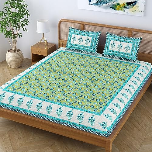 Colorish Cotton Blend Traditional Jaipuri Floral Printed Premium Bedsheet for Double Bed King Size with 2 Pillow Covers - Light Blue | Proudly Made in India - Image 3
